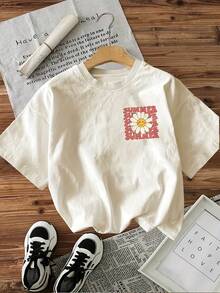 Camiseta casual de manga corta y cuello redondo para mujer, con estampados de letras y flores veraniegos, negra con diseño en rojo y rosa, transpirable y lavable a máquina, adecuada para primavera y verano, de construcción duradera, 100% algodón. - Albaricoque - Ver 2