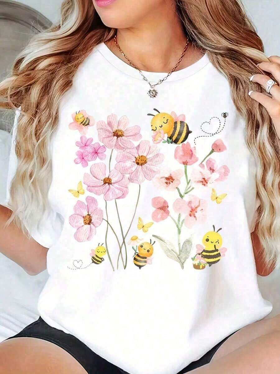 playeras de algodón mujer 1psc100% Algodón Camisetas de Abeja Industriosa Camisetas Gráficas Tops Lindos Camiseta de Manga Corta Talla Grande Moda 180g suave100%cotton ropa de mujer Daily home top - Blanco - Ver 1
