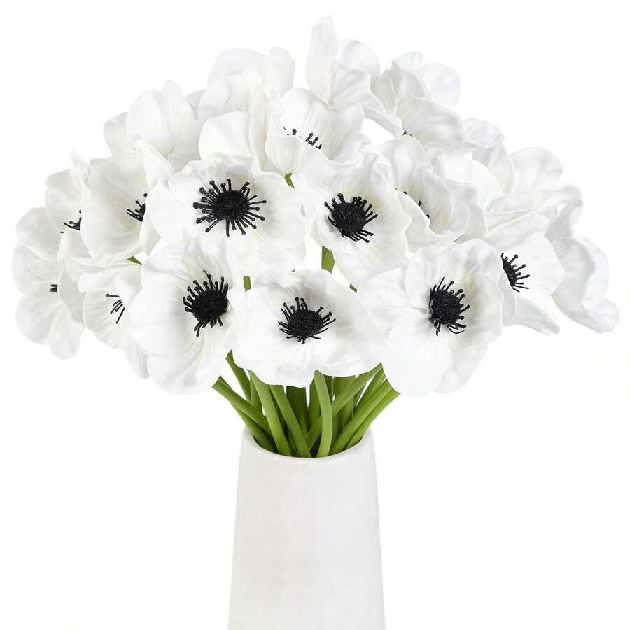 12pcs Artificial White Flowers, 11-Inch Silk Silver Lotus, PU Stems, Realistic Touch, White Petals Black Pistils, Suitable For Wedding Bouquets, Home Kitchen Party Table Decor - Multicolor - View 1