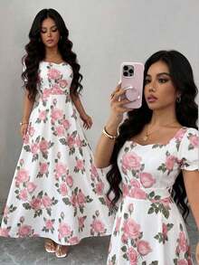 YHHSHEIN Elenzya Vestido midi de manga corta con estampado de rosas rojas sobre base blanca, elegante y versátil para uso diario, vacaciones, citas, San Valentín, estilo francés retro, fiestas y primavera temprana/primavera-veranoYHH - Rosa - Ver 11