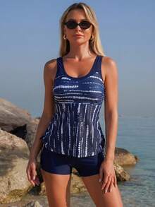 Traje de baño tipo tank azul marino con estampado para mujer para vacaciones de verano - Azul Marino - Ver 2