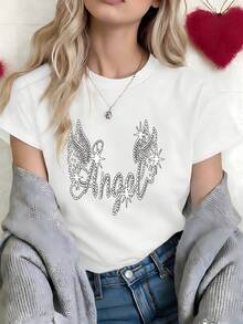 Glamorous Rhinestone Angel Wings Graphic T-Shirt, 100% Cotton Oversized Soft Breathable Sparkly Tee, Casual Crewneck Short Sleeve Top For Parties & Fashion Lovers - 白色 - 查看 3