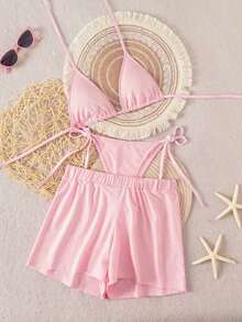 Swim Vcay Conjunto de 3 piezas de bikini con textura de tela a rayas azul y blanco, con tirantes finos y cuello halter, para primavera/verano 2026 - Rosa - Ver 1