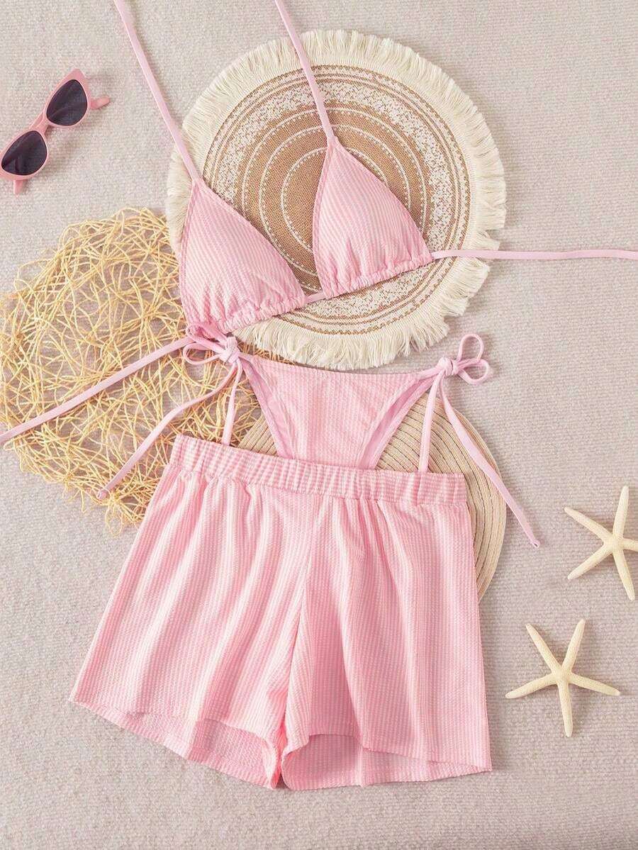 Swim Vcay Conjunto de 3 piezas de bikini con textura de tela a rayas azul y blanco, con tirantes finos y cuello halter, para primavera/verano 2026 - Rosa - Ver 1