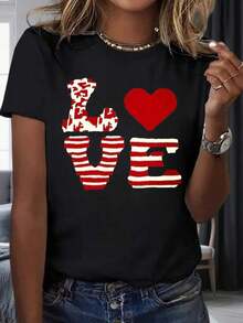 Camiseta con Estampado de Corazón para Mujer, Manga Corta, Diseño Casual en Blanco y Rojo, Camiseta de Moda para Uso Diario, Feliz Día de San Valentín, 220g, 100% Algodónropa de calor mujer - Negro - Ver 1