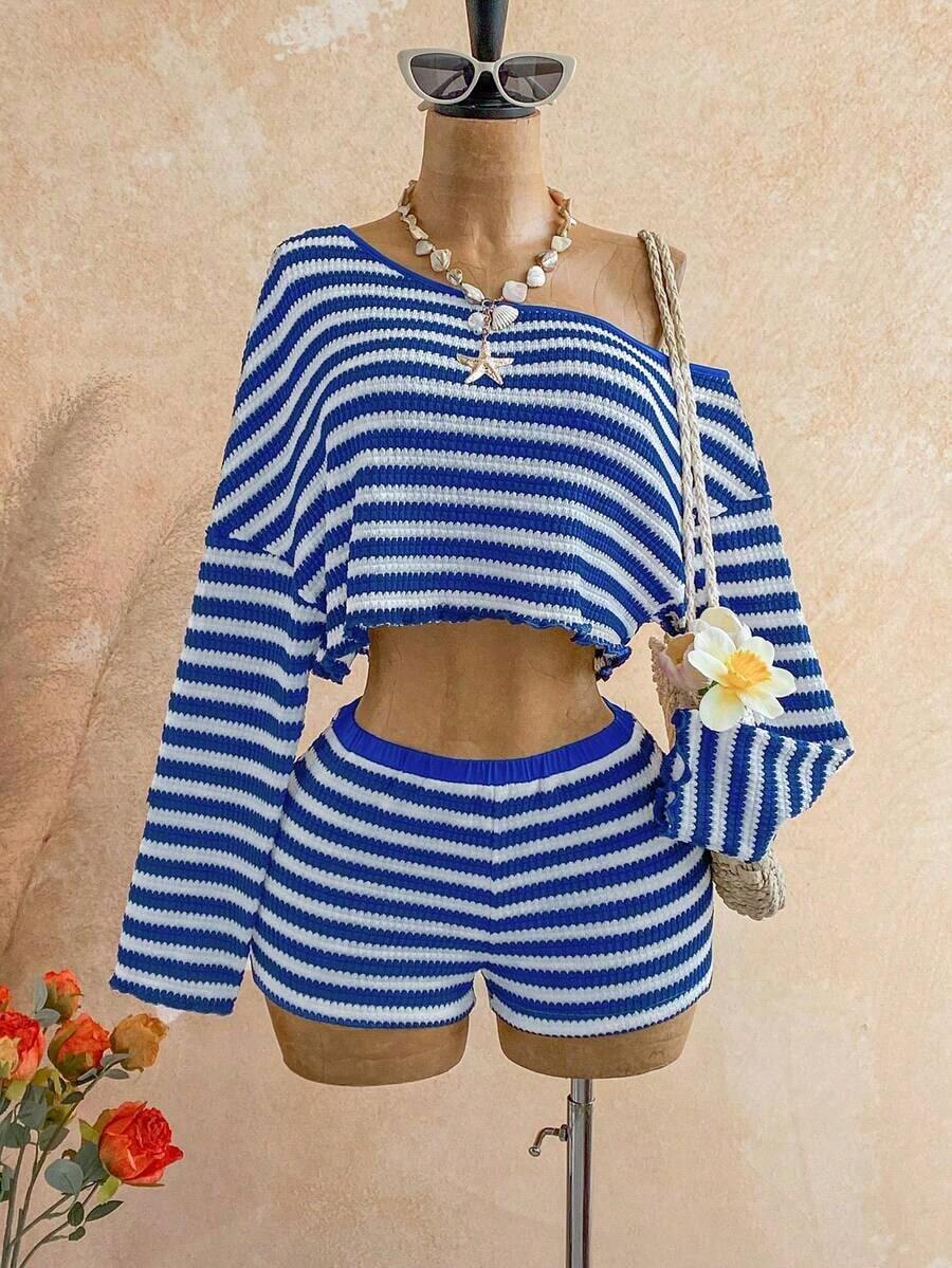 Conjunto de 2 piezas de top asimétrico y shorts de unicolor casual de vacaciones para mujer - Multicolor 2 - Ver 1