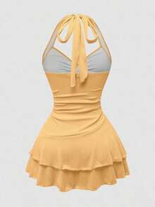 Conjunto de 2 piezas de vestido de tirantes con decoración de estrella de mar y shorts de baño para mujer talla grande, ideal para verano y vacaciones en la playa - Amarillo claro - Ver 2