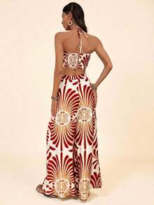 Conjunto de 2 piezas para mujer con top corto de cuello halter estampado tejido y pantalones de pierna ancha de cintura alta - Blanco y Negro - Ver 10