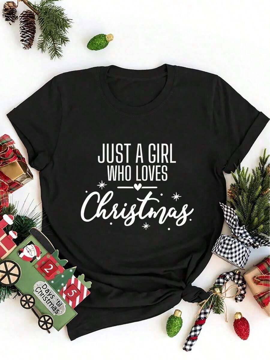 1 pieza de camiseta navideña negra para mujer con el eslogan "Love Christmas People" y estampado de copos de nieve. | Camiseta Casual de Manga Corta con Cuello Redondo, Letras Cursivas Blancas, Atuendo para Fiestas, Ropa para Primavera y Verano, Lavable a Máquina - INFASHULE 100% algodón - Negro - Ver 1