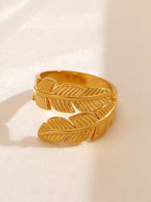 1 pieza Anillo abierto minimalista personalizado chapado en oro de 18K de acero inoxidable con pluma, adecuado para uso diario y fiestas de mujeres - Dorado - Ver 5