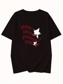 Women's Modern, Casual T-Shirt, Perfect For Parties And Lounging At Home. 100% Cotton, Loose Fit. Women's Y2K Style T-Shirt - Letter And Star Print - Crew Neck, Short Sleeves, Loose Fit, Casual Summer Blouse, 100% Cotton - 黑色 - 查看 3