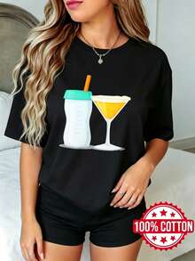 Women's Black Short-Sleeved T-Shirt With Round Neck And Summer Print. Baby Bottle And Cocktail Glass Design. Sizes S-3XL. Fashionable, 100% Cotton, Breathable Material. - 黑色 - 查看 1