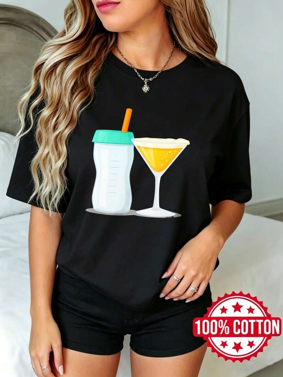 Women's Black Short-Sleeved T-Shirt With Round Neck And Summer Print. Baby Bottle And Cocktail Glass Design. Sizes S-3XL. Fashionable, 100% Cotton, Breathable Material. - 黑色 - 查看 1