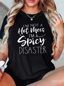 1pscPlus Size - Camiseta Divertida para Mujer de Talla Grande con el Lema "No Soy un Desastre, Soy un Desastre Picante" |   Camiseta de manga corta con cuello redondo y corte holgado de 180 g/m² con estampado de frases divertidas - No es una blusa, ideal para atuendos casuales y para usar durante todo el año, envío local, 100% algodón. - Negro - Ver 7