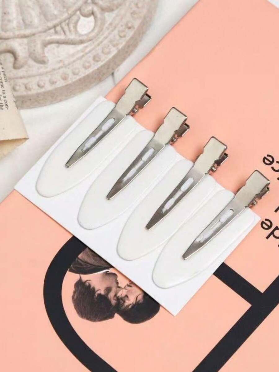 4pcs White Leaf Shaped Seamless Bangs Hair Clips, Plastic Makeup Clips, Face Washing Clips, Hair Accessories - White - View 1