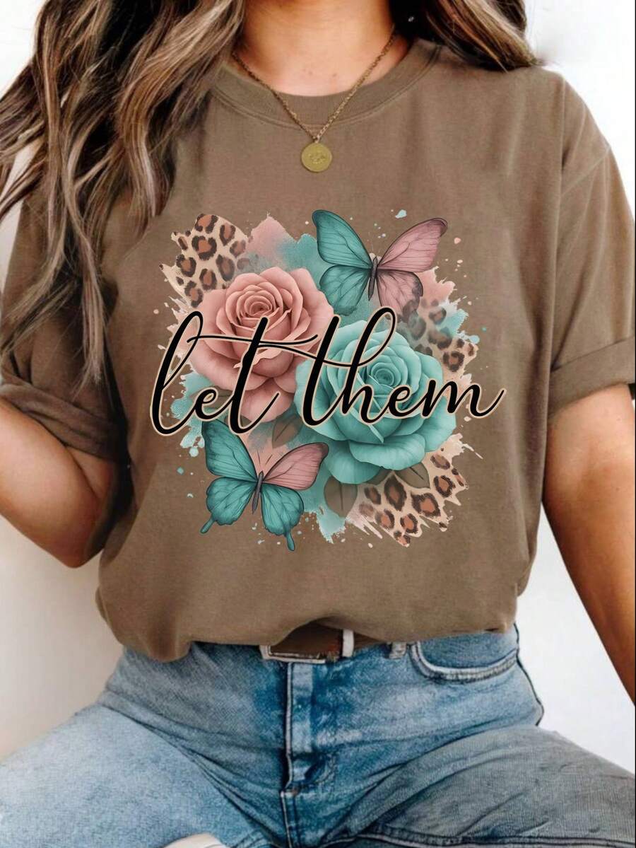 Camiseta oversize marrón de verano para mujer con estampado de ramo de margaritas silvestres Camiseta casual marrón de manga corta con flores silvestres, estilo fresco y natural - YH527-Marrón - Ver 1