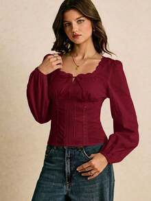 Blusa elegante de mujer con cuello cuadrado, manga farol retorcida y ajustada, adecuada para el trabajo y el transporte, primavera/otoño - Burdeos - Ver 6