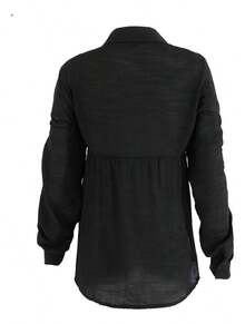 Women's Cotton Linen Blouse With Long Sleeves, Plus Size - Black 1 - View 7