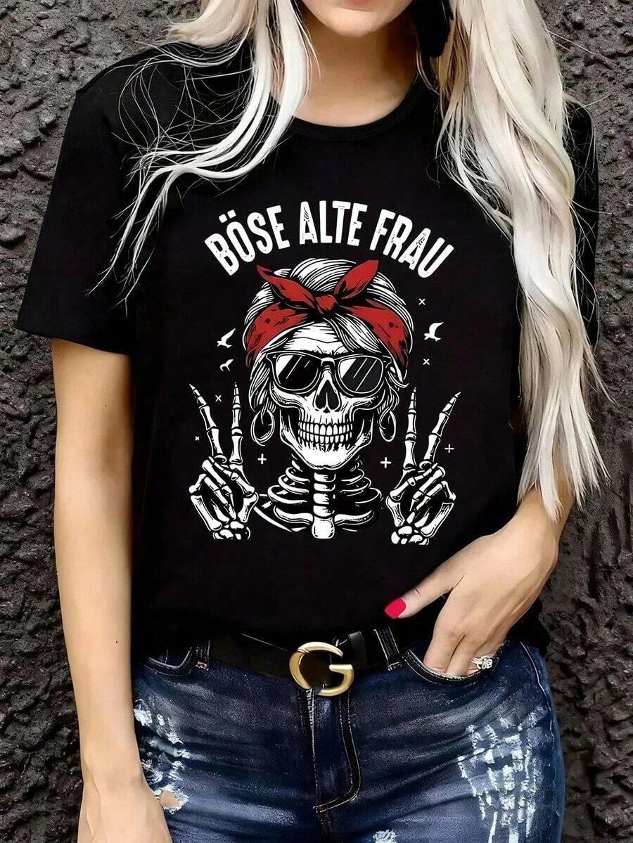 Short-Sleeved T-Shirt With Round Neck And Skeleton Print, Comfortable For Spring/Summer - Black - View 1