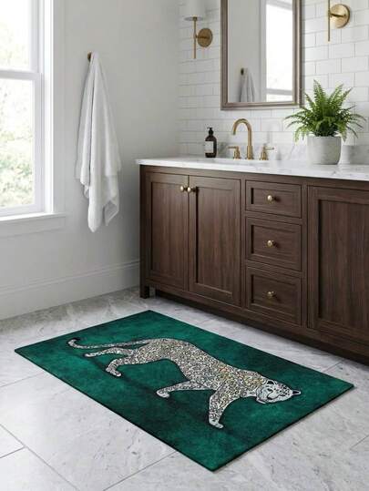 1pc Vintage Green Cheetah Pattern Floor Mat, Multiple Sizes Available, Bathroom Rug, Bath Mat, Door Mat, Small Rug, Carpet, Decorative Mat, Area Rug, Outdoor Mat, Home Decor, Area Carpet, Bedroom Carpet, Washable Rug