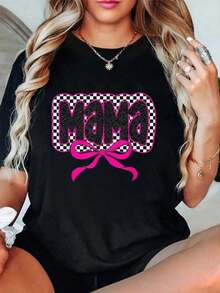 Women's Pure Cotton T-Shirt, Plus Size, Casual Printed, With "MAMA" Design With Chessboard And Pink Bow, Unisex T-Shirt For Women And Men, Suitable For All Seasons, Daily Wear T-Shirt, Perfect Gift, Fashionable Choice Of T-Shirts For Women To Go Out - 黑色 - 查看 6