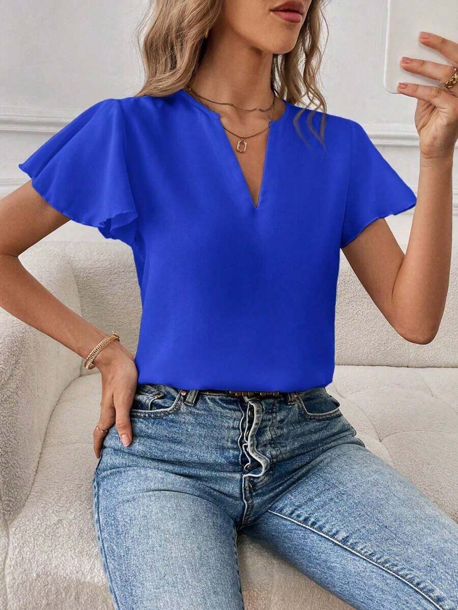 Camisa de mujer de unicolor con escote en V entallado y manga corta, informal y adecuada para el trabajo, blusas de manga corta - azul real - Ver 1