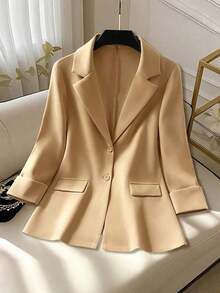 Clasi Chaqueta ligera de estilo casual de negocios para mujer, con cuello de solapa, apta para el lugar de trabajo, de unicolor, para primavera/otoño - Caqui - Ver 1