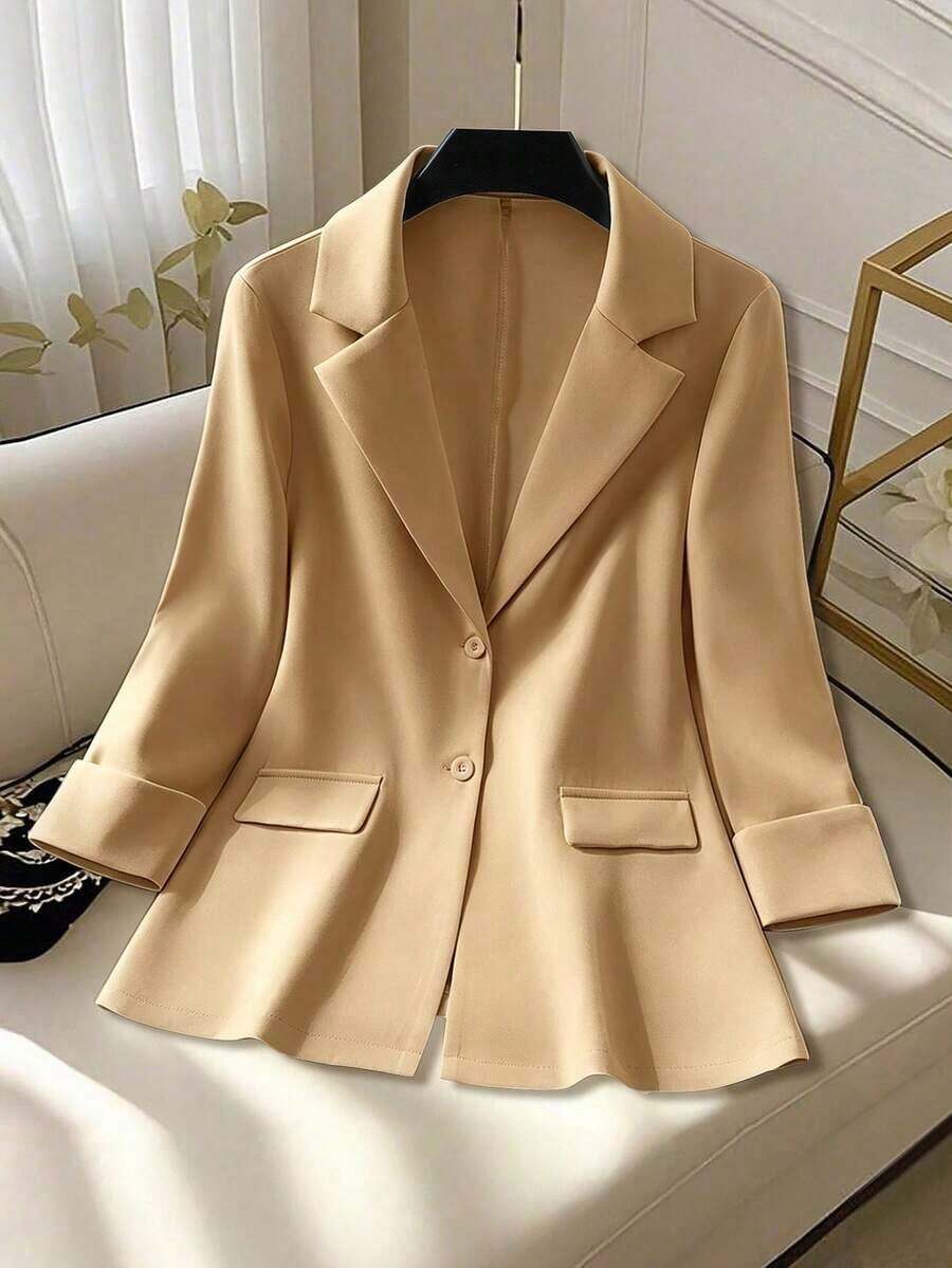 Clasi Chaqueta ligera de estilo casual de negocios para mujer, con cuello de solapa, apta para el lugar de trabajo, de unicolor, para primavera/otoño - Caqui - Ver 1