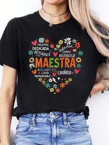 Camiseta Deportiva Casual de Manga Corta y Cuello Redondo para Mujer con Estampado de Letras en Español para Primavera y Verano - Negro - Ver 7
