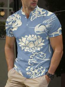 Summer Men's Stand Collar Polo Shirt, Knit Low-Stretch Fabric, Light Blue Base With White Lotus & Bird Print, Elegant Casual Top For Holiday, Machine Washable - 彩色 - 查看 1