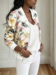 Chaqueta con cremallera con estampado floral casual para mujer - Multicolor 9 - Ver 6