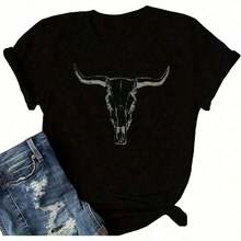 Respirable Camisas Occidentales para Mujeres, Camisa de Rodeo Cowgirl, Camisetas Gráficas de Cráneo de Vaca de Música Country Vintage, Tops para Conciertos Country, Ajuste Cómodo de Algodón, Sueltas y Cómodas, top deportivo mujer - Negro - Ver 7