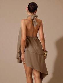 Vestido de satén de línea A con escote halter y espalda descubierta de unicolor amarillo/crema, adecuado para primavera/verano, vacaciones, playa, invitada elegante de boda, fiestas, ocasiones de otoño/invierno, Navidad elegante, Halloween - Caqui - Ver 2