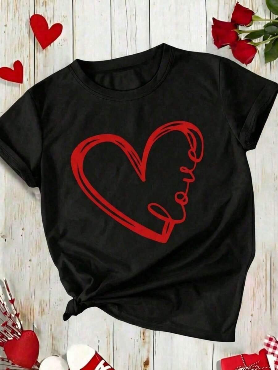 SimpieAndVersatileDesignMujer casual blusa urbana corazón LOVE artístico estampado blanco tela suave diseño holgado cuello redondo manga corta primavera verano uso diario y reuniones blusaCottonT-Shirt - Negro - Ver 1