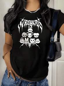 Manga corta, SORTYKIDS, Camiseta casual de manga corta para mujer con seis estampados de máscaras de animales y cuello redondo - Ropa de mujer, ajuste cómodo, diseño clásico. Ofertas de camisetas de hombre, tops, sudaderas para mujer, camisetas estilo Y2k. - Negro - Ver 10