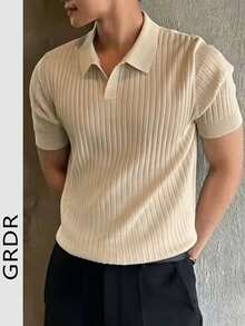 GRDR Camisa polo de punto de verano para hombres, de unicolor y manga corta, con cuello de punto, adecuada para salidas de verano, esencial para un atuendo de moda - Albaricoque - Ver 1