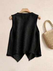 Chaleco de lino casual para mujer, estilo corto para primavera y verano - Negro - Ver 2