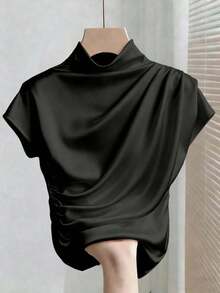 Camiseta blanca de manga corta ajustada con pliegues de unicolor y versátil para mujer - Negro - Ver 7
