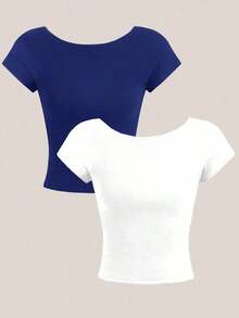 Set de 2 camisetas cortas y ajustadas de manga corta con cuello redondo y espalda descubierta, en colores rosa loto y albaricoque, de estilo minimalista y casual para mujeres - Multicolor 15 - Ver 2