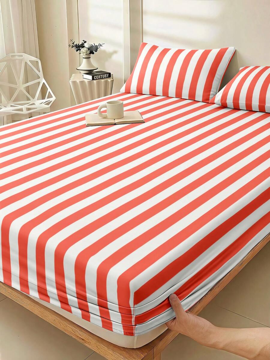 1 Set Minimalist Red & White Striped Fitted Bed Sheet, Includes 1 Valentines Day Mattress Cover, Fits King, Queen, Full & Double Beds, Soft & Comfortable Bedding Set, Deep Pockets Up To 30cm, Breathable & Wrinkle-Resistant, Machine Washable - Red - View 1