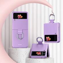 غطاء هاتف متوافق مع Galaxy ZFlip3 ZFlip4 ZFlip5 ZFlip6 ZFlip7 ZFlip7FE، غطاء هاتف بتصميم بسيط بلون موحد مطفي بملمس جلدي مع حامل حلقة شريطي - الأرجواني - مشاهدة 12