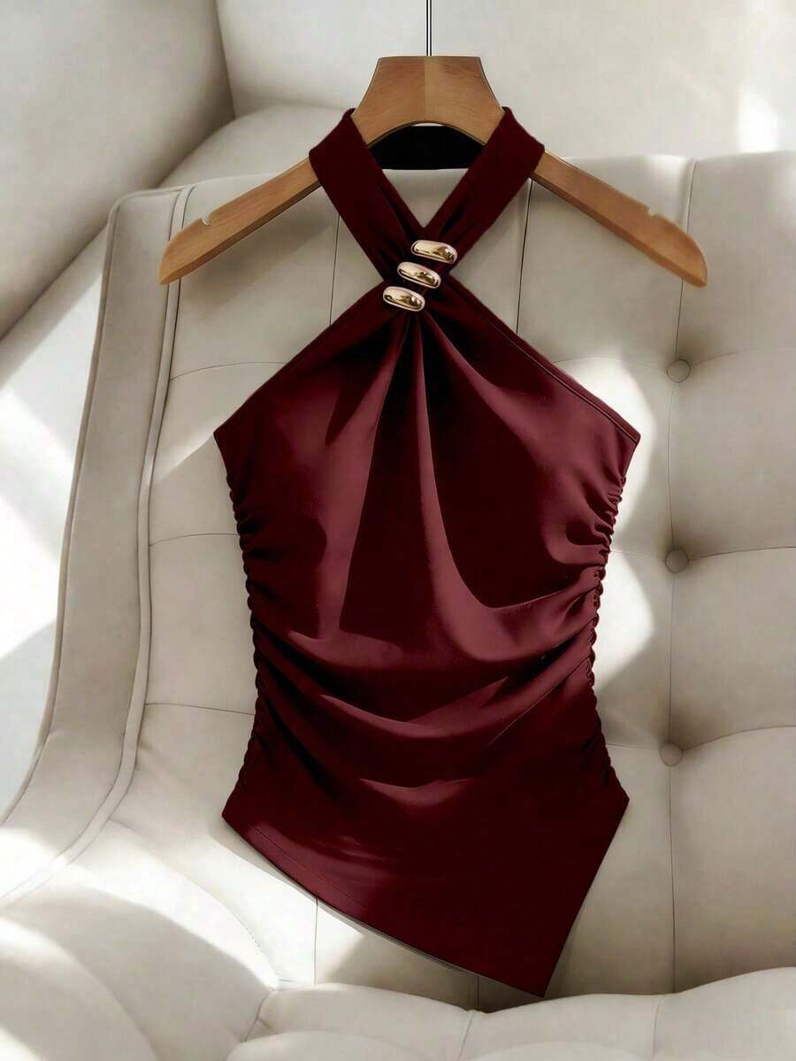 Top corto sin mangas decorado con metal negro, top de punto ajustado de verano informal con bajo asimétrico, top de diseñador tipo halter, tops elegantes y clásicos sin mangas para mujer, tops con cremallera, top burdeos, top fruncido - Burdeos - Ver 1