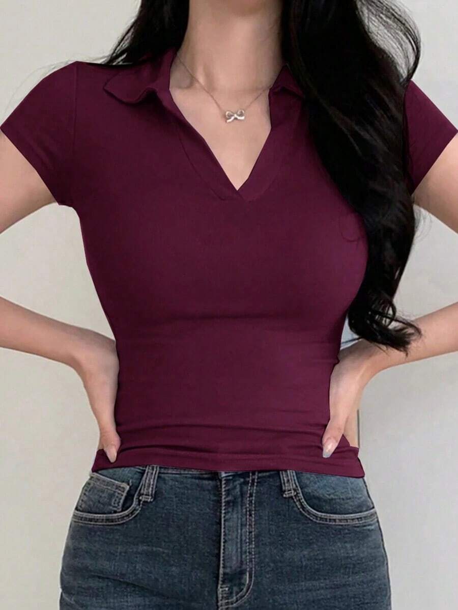 Camiseta polo de manga corta de ajuste ceñido de unicolor para mujer, casual de verano, casual de negocios, tops estilo universitario para mujer - Burdeos - Ver 1