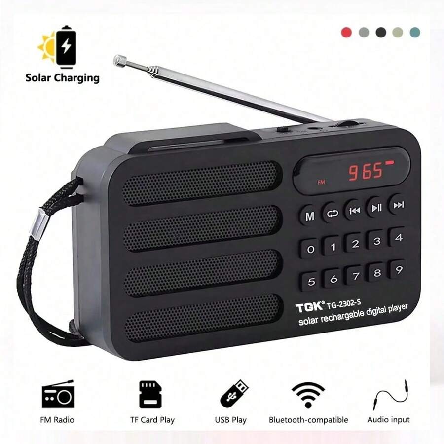 Portable Mini Bluetooth FM Radio Solar Powered Wireless Speaker, Supports USB & TF Card Emergency Playback