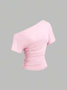 Nueva camiseta casual de primavera/verano para mujer, de estilo elegante y chic de la calle, con hombro asimétrico, ajuste delgado, deportiva, versátil y cómoda - Rosa - Ver 8