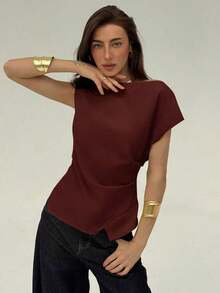 Blusa de oficina para mujer con cuello de barco, mangas cortas y corte cropped en color beige - Burdeos - Ver 3