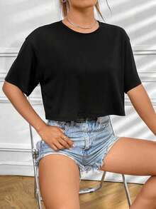 Camiseta casual de mujer con cuello redondo, manga corta y bloque de color con estampado de letras - Negro 2 - Ver 5