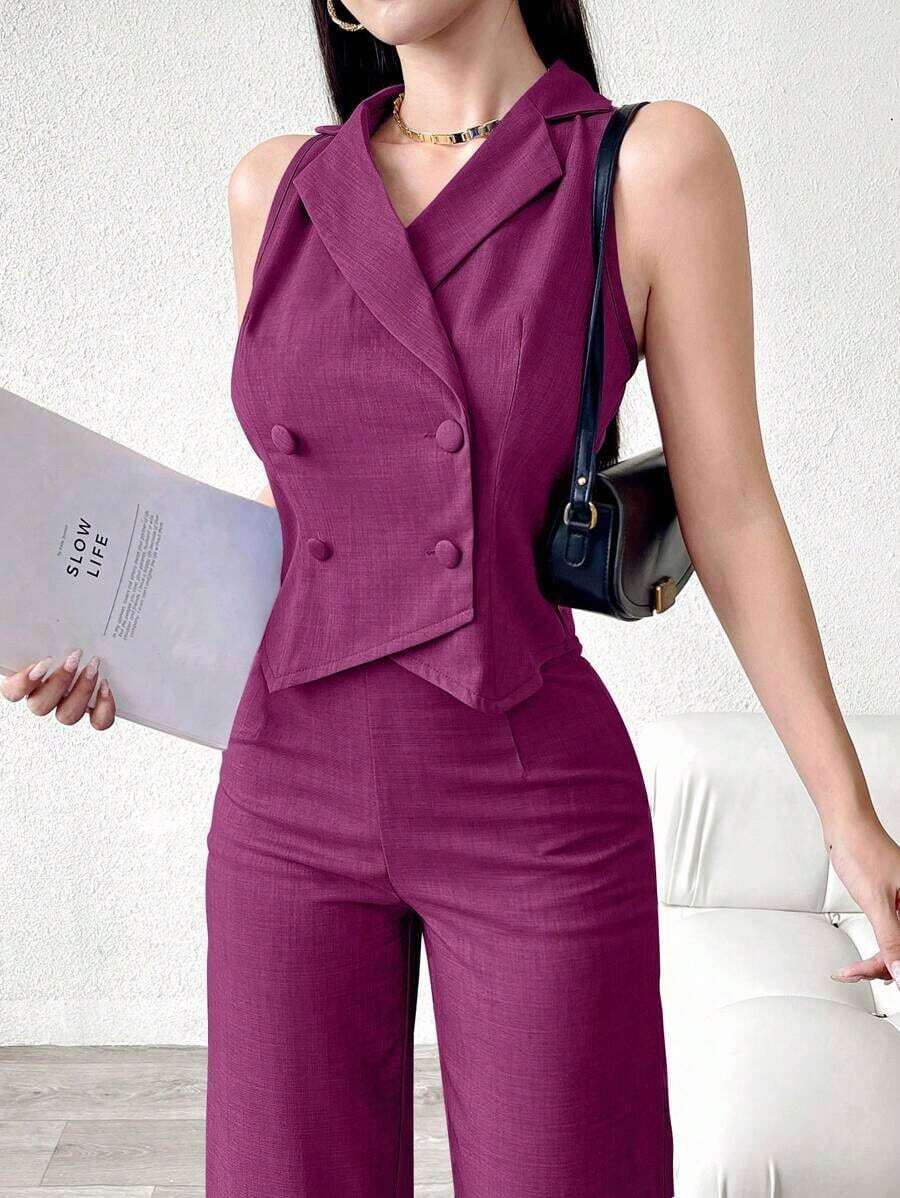 Conjunto de traje azul de doble botonadura para mujer - Rojo violeta - Ver 1