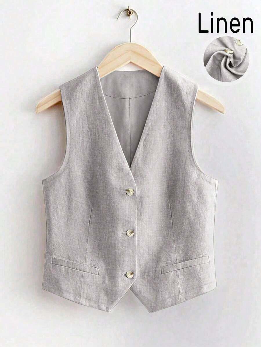 Chaleco corto de lino casual para mujer para primavera y verano - Gris - Ver 1