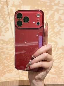 Luxury Electroplated Red Edged Glossy Glass Phone Case Suitable For IPhone 17 Pro Max, 16, 15, 14, 13, 12, 11 Pro Max, Lens Protection, Minimalist Solid Color, Cute & Elegant Phone Case Suitable For IPhone 17 Pro Max, 16 Pro Max, 17 Pro, 15 Pro Max, 14 Pro Max, 13 Pro Max - Red - View 3